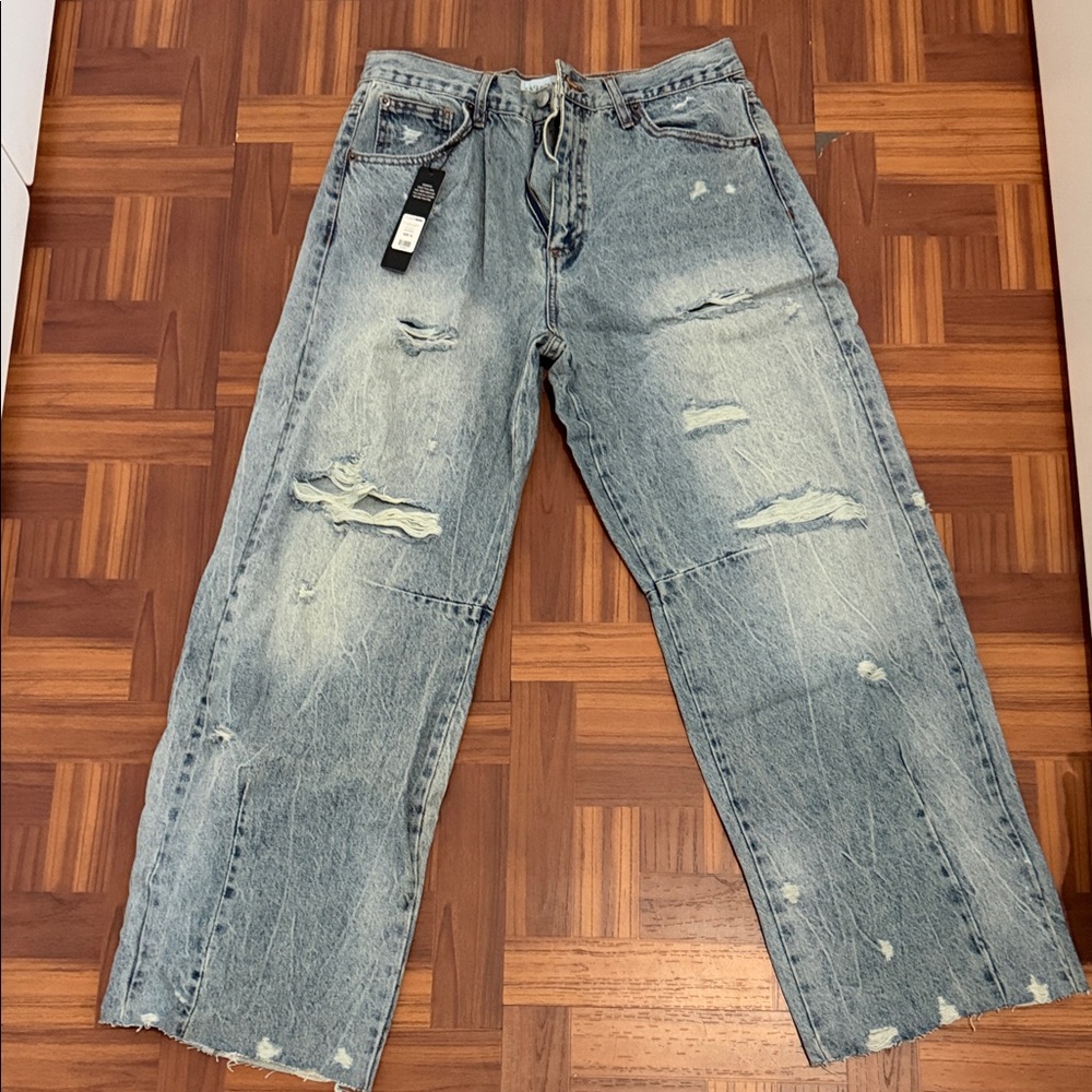 Fashion Nova Light Blue Distressed Straight Leg Jeans
